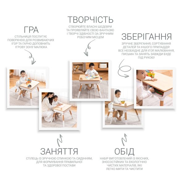 Дитячий багатофункціональний столик "Мультивуд 3 в 1" та стілець + подушка на стілець та набір фломастерів, POPPET
