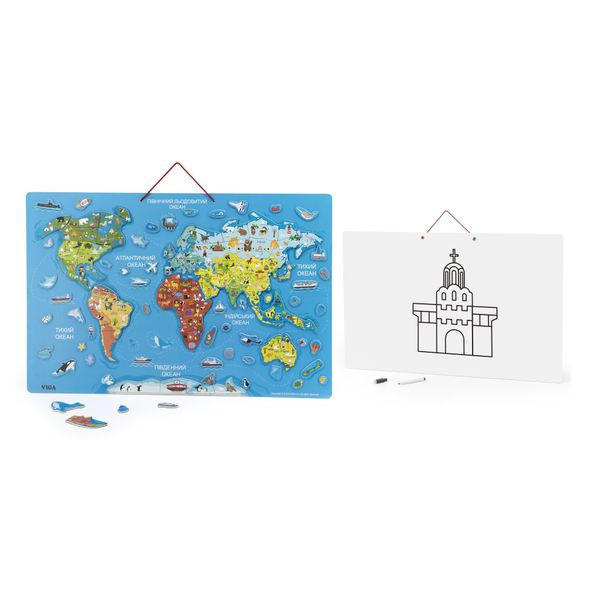 Пазл магнітний Карта світу з маркерною дошкою, (укр), Viga Toys