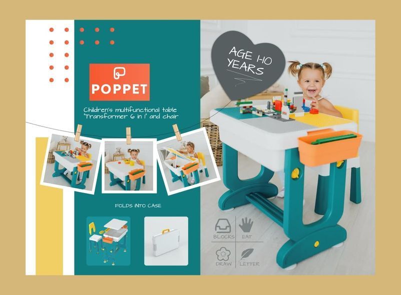 Дитячий багатофункціональний столик Трансформер 6 в 1 та стілець, POPPET